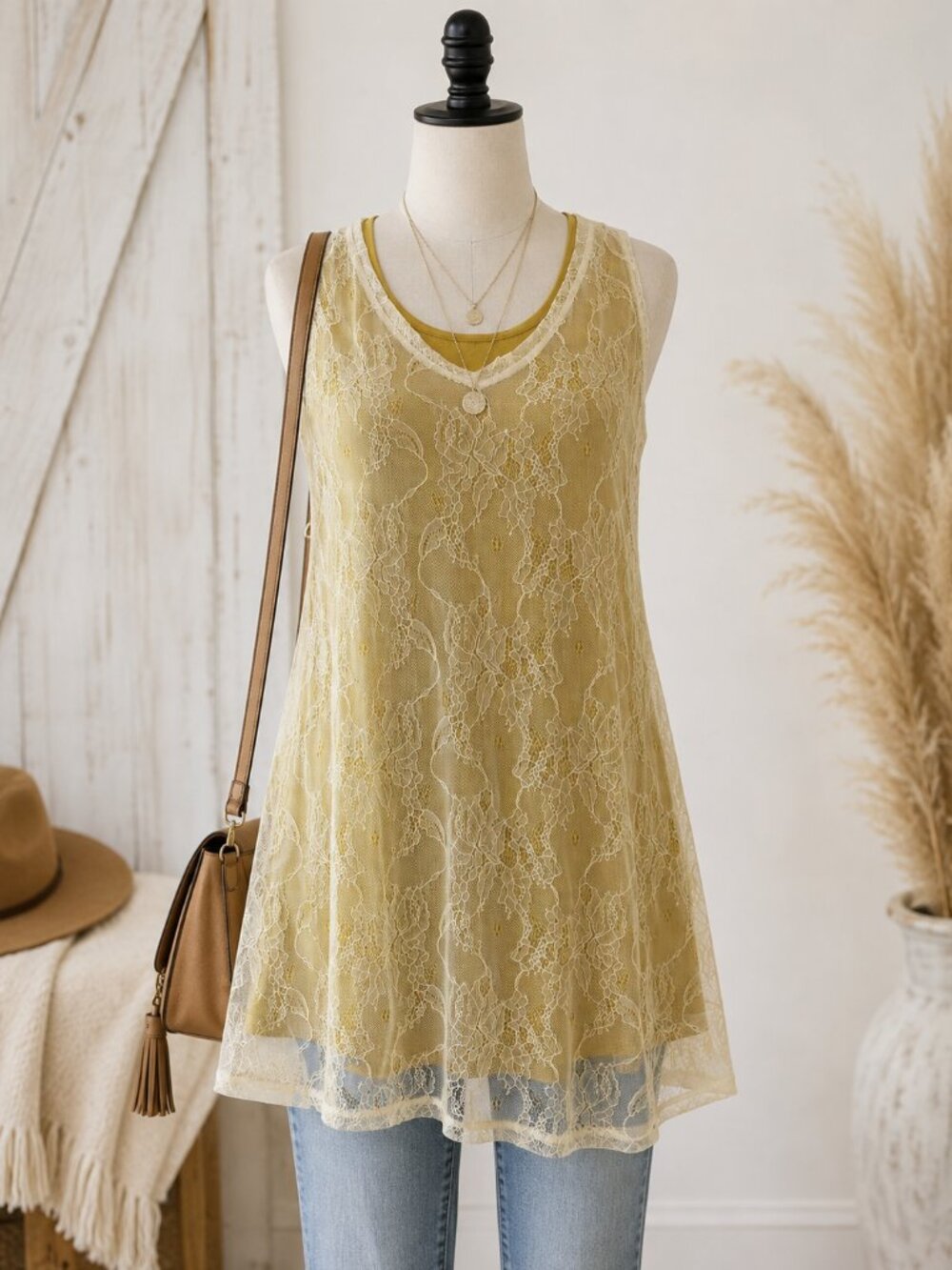 LOGO Lori Goldstein Gold Ivory Lace Overlay Tunic Tank Womens M Boho Lagenlook
